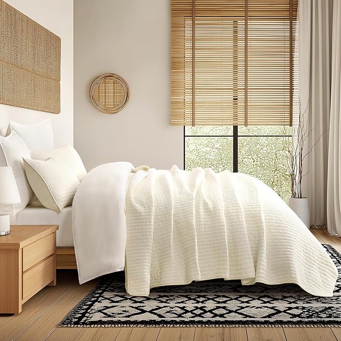 EVERGRACE Cross Stitch Pre-Washed Cotton Quilt Bedding Set Queen Size, Oversized 3 Pieces Lightweight Bedspread Coverlet for All Season, with 2 Matching Shams, Cream, 92"x96"