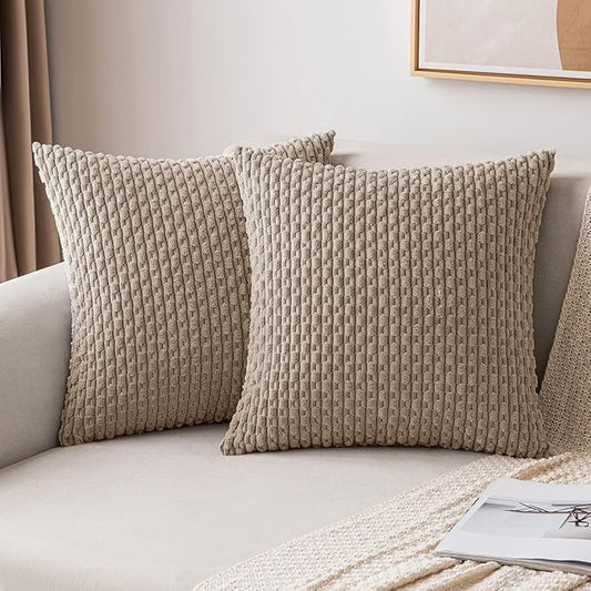 MIULEE Pack of 2 Decorative Throw Pillow Covers 20x20 Inch Soft Boho Striped Textured Corduroy Pillow Covers Modern Farmhouse Home Decor for Couch Bed Sofa Living Room Neutral Light Brown