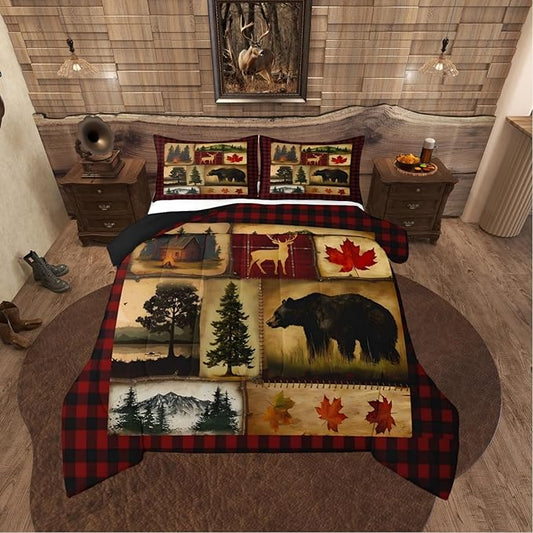 Bear Cabin Plaid Comforter Set Queen, Rustic Farmhouse Bedding Comforter Sets, Retro Hunting Deer Bedding, Country Woodland Pine Tree Duvet Set, Maple Leaf Lodge Decor Down Comforter, Red Black Brown