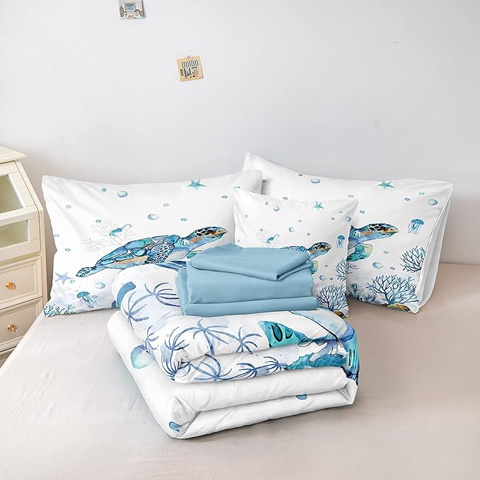 Sea Turtle Comforter 8 Pieces King Size Bed in a Bag Beach Ocean Bedding Sets with 1 Turtle Comforter, 1 Teal Blue Flat Sheet, 1 Fitted Sheet, 4 Pillowcases, 1 Cushion Cover(Sea Turtle, King)