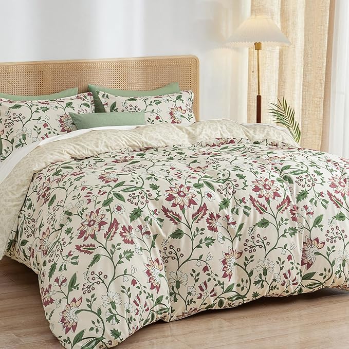 PHF Ultra Soft Floral Duvet Cover Queen Size, Printed Bedding Set 3 Pieces, Comfy Farmhouse Pattern Duvet Cover Set with 2 Pillow Shams, Zipper Closure and 8 Ties, 90"x90", Flower-Pink