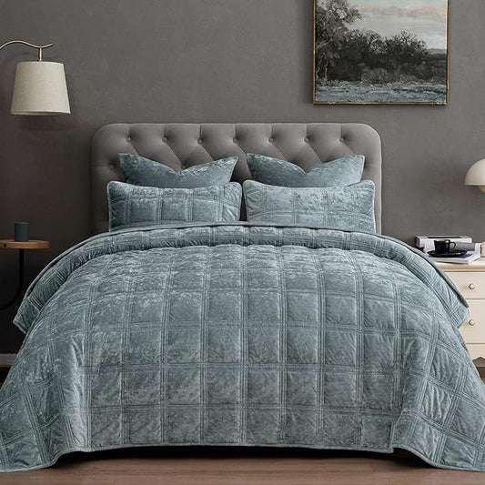 PHF Ultra Soft Velvet Quilt Set King Size – 3PCS Luxurious Cozy Quilted Comforter Alternative with Diamond Pattern, Warm Quilted Bedspread Coverlet, 108" x 92", Dusty Blue