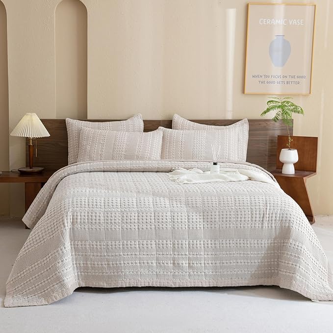 Sanracie Cotton Oversized King Bedspread (128"x120"), Oatmeal Colored Waffle Weave Quilted Set Extra Wide Farmhouse Aesthetic Bedding Set 3Pcs Soft Breathable Bedding Coverlet for All Season