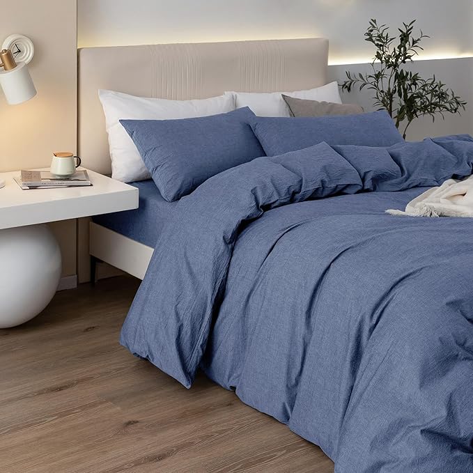 JIYUAN 100% Washed Cotton Duvet Cover Set 3 Pieces King, 1 Duvet Cover 104x90 Inches(Comforter Not Included) and 2 Pillowcases,Linen Like Comfy and Breathable,Heathered Blue