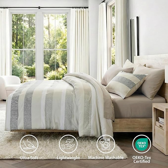 King Size Modern Striped Comforter Set, Lightweight Soft Microfiber Bedding Sets for All Season 7 Pieces Bed in A Bag Set with Comforter, Sheets, Pillowcases & Shams, Neutral