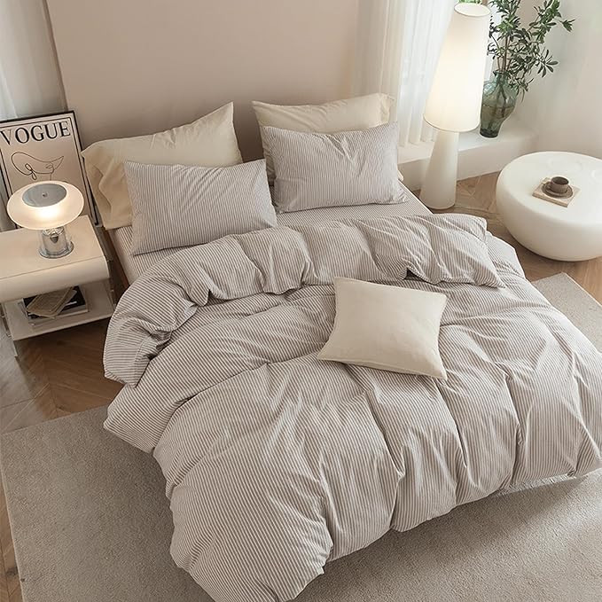 JIYUAN 100% Washed Cotton Striped Duvet Cover Set 3 Pieces King, 1 Duvet Cover and 2 Pillowcases(Comforter Not Included),Linen Like Comfy and Breathable,Pinstripes - Taupe White
