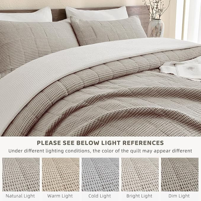 Sanracie Oversized King Quilt (106"x118"), Dark Khaki Waffle Weave Cotton Quilt Sets, 3Pcs Luxury Aesthetic Quilt Bedding Set, Soft Breathable Lightweight Farmhouse Coverlet Set for All Season