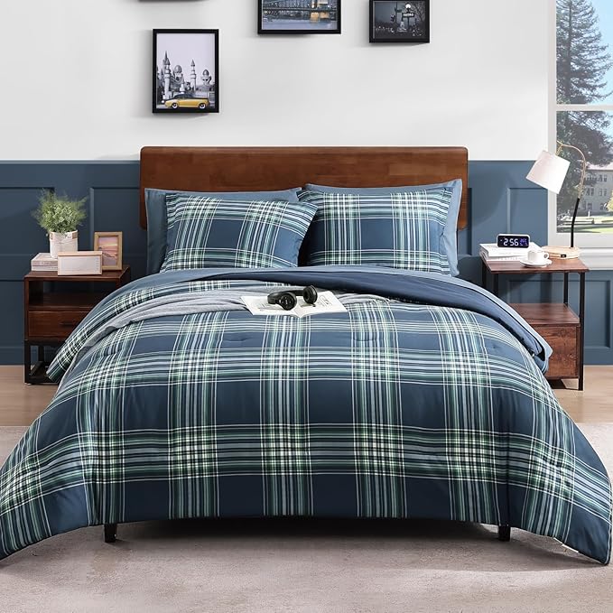 Plaid Twin XL Comforter Set, Midnight Blue Bedding Set 5 Pieces for Boys Girls Teen, Classic Farmhouse Bed in a Bag for Dorm with Sheets, Pillowcase & Sham