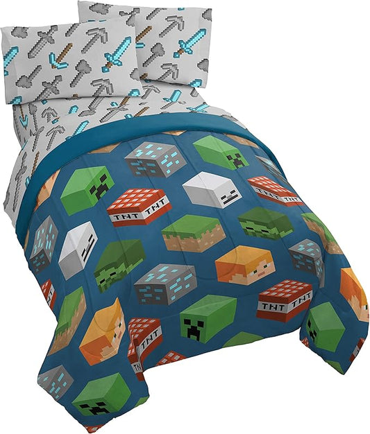 Jay Franco Minecraft Isometric 4 Piece Twin Bed Set - Includes Comforter & Sheet Set - Bedding Features Creeper - Super Soft Fade Resistant Polyester - (Official Minecraft Product)