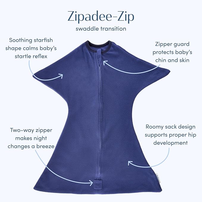 SleepingBaby Zipadee-Zip Transition Swaddle - Cozy Fleece Wearable Blanket with Two-Way Zipper for Baby Sleep - Navy, X-Small (3-6 Month)