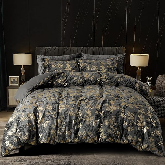 PHF Truly Velvet Duvet Cover Set King Size, 3pcs Leaves Print Ultra Soft Breathable Comforter Cover Set, Luxury Cozy Flannel Duvet Cover with Pillow Shams Bedding Collection, 104" x 90", Grey and Gold