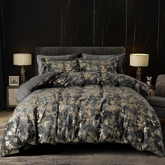 PHF Truly Velvet Duvet Cover Set Queen Size, 3pcs Leaves Print Ultra Soft Breathable Comforter Cover Set, Luxury Cozy Flannel Duvet Cover with Pillow Shams Bedding Collection, 90" x 90", Grey and Gold