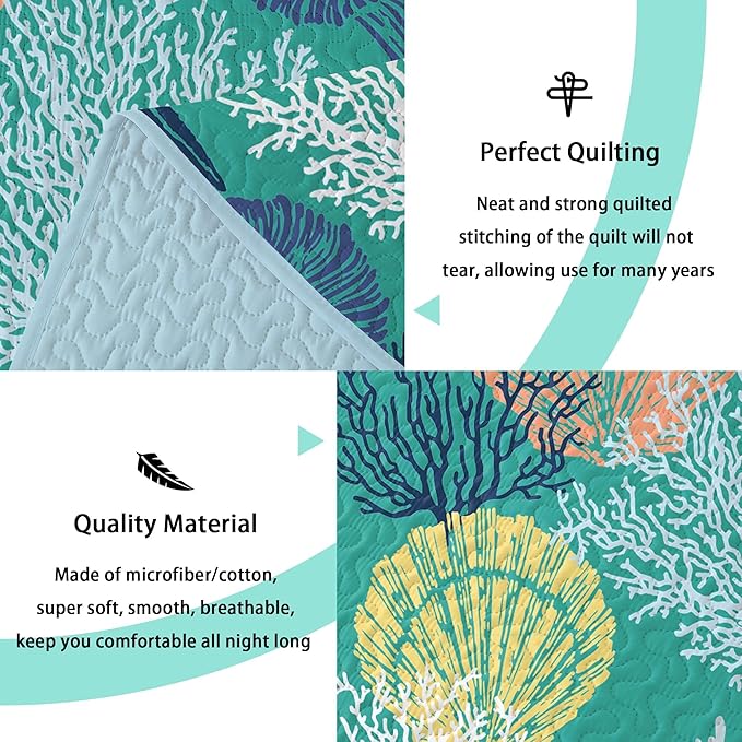 Tritard 3 Piece Coastal Quilt Sets King Size - Reversible Microfiber Quilts with 2 Shams Soft Lightweight Beach Bedding Nautical Bedspread Coverlet Summer Comforter Set for All Season, 106''x96'', C3