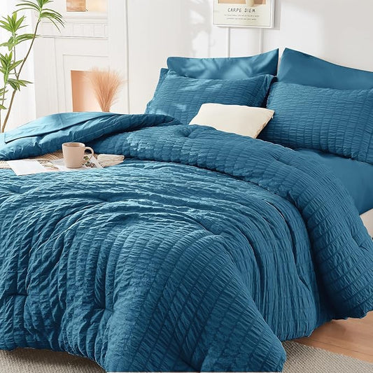 HYMOKEGE Teal Full Size Comforter Sets Seersucker 7 Pieces, All Season Luxury Bed in a Bag for Bedroom, Bedding Set with Comforters, Sheets, Pillowcases & Shams