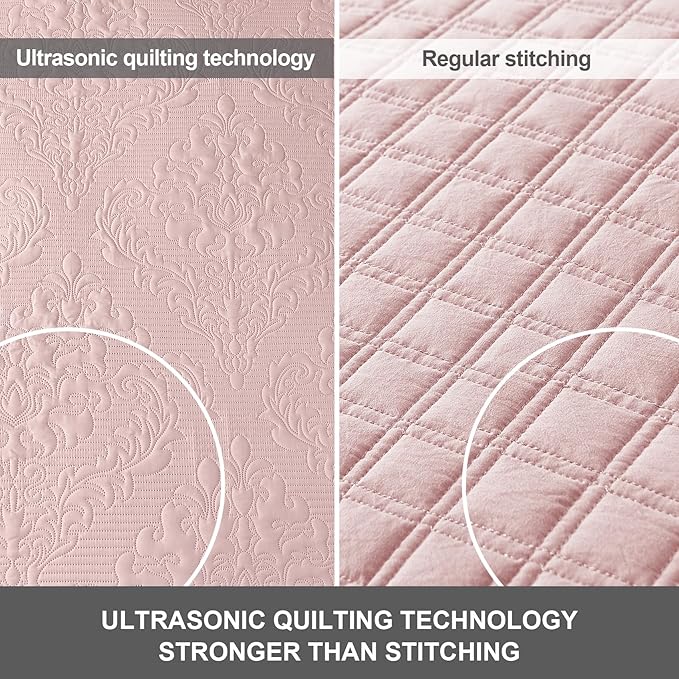 Hansleep Pink Quilt King Size - Damask Ultrasonic All Season Bedspread King, Soft Lightweight Coverlet Bedding Set, 3 Piece (1 Quilt, 2 Pillow Shams)