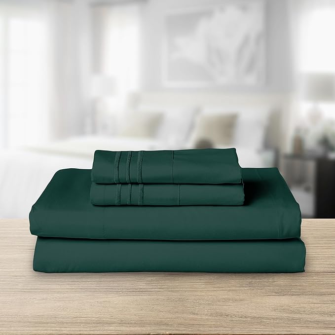 Elegant Comfort Luxurious 1500 Premium Hotel Quality Microfiber Three Line Embroidered Softest 4-Piece Bed Sheet Set, Wrinkle and Fade Resistant, Full, Hunter Green