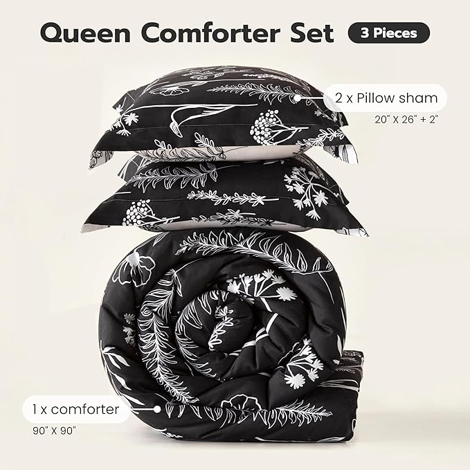 Joiedomi California King Comforter Set Black, 3 Pieces Floral California King Bedding Set with 1 Soft Reversible Botanical Comforter and 2 Pillow Shams, Bed in a Bag for All Seasons
