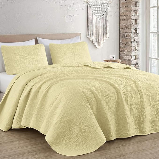 Chezmoi Collection Austin Queen Oversized Bedspread Set, 3-Piece Pinsonic Quilted Lightweight Microfiber Bedspread Coverlet, Pastel Yellow