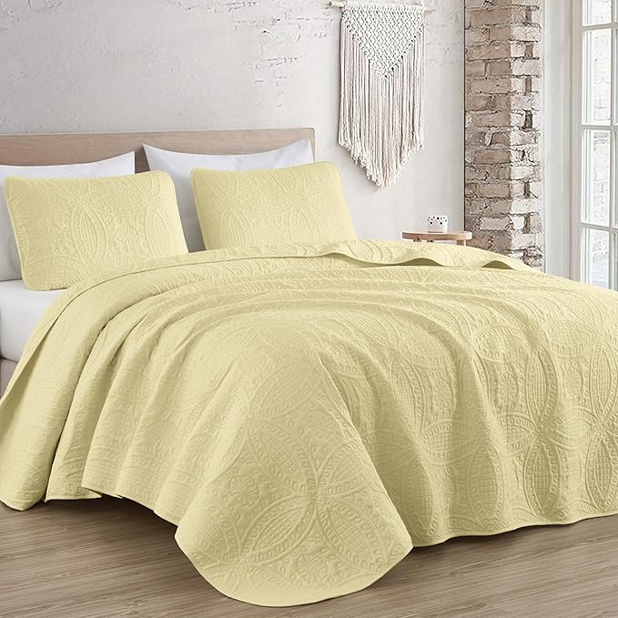 Chezmoi Collection Austin King Oversized Bedspread Set, 3-Piece Pinsonic Quilted Lightweight Microfiber Bedspread Coverlet, Pastel Yellow