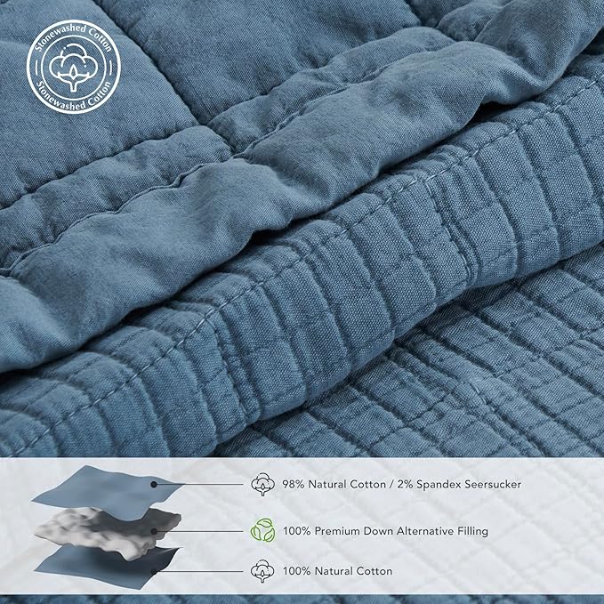 EVERGRACEHOME Stonewashed Cotton Quilt Set Full Queen Size, Ultra Soft Oversized Bedspread Coverlet Set, Lightweight Crinkle Box Stitch Bedding Sets for All Season, with 2 Shams, Sonoma Blue