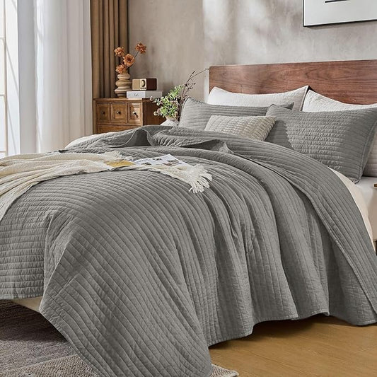 DOWN HOME King Quilt Bedding Set with Shams, Vintage Washed Soft Quilted Blanket Thin Comforter Lightweight Bedspread Coverlet Bed Cover, Brushed Microfiber Stripe Stitching, Ash Gray, 104"x90"