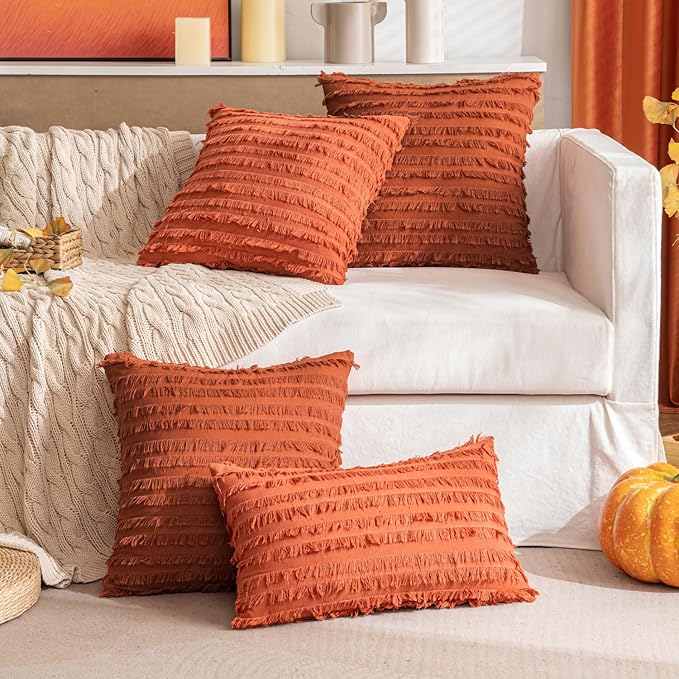 MIULEE Set of 2 Fall Decorative Boho Throw Pillow Covers Linen Striped Jacquard Pattern Cushion Covers for Sofa Couch Living Room Bedroom 18x18 Inch Rust