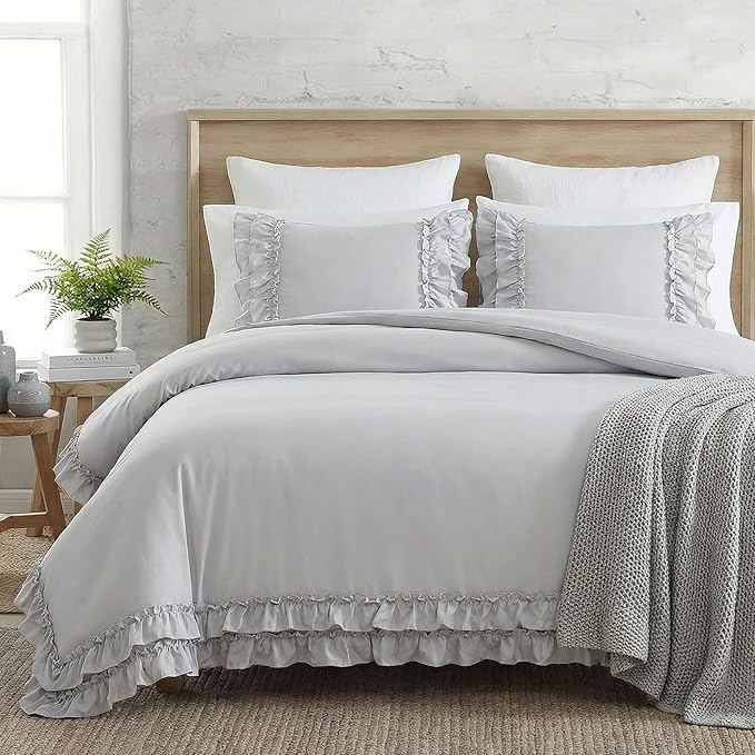 Bedorm Gray Duvet Cover Set Twin Ruffle Bedding Set Pleat Ruffled Shabby Chic Comforter Cover Extra Soft & Easy Care Gray Boho Duvet Cover with Zipper Closure