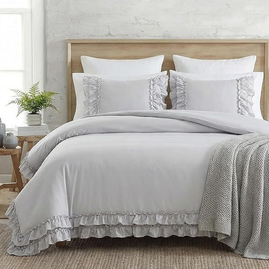 Bedorm Gray Duvet Cover Set Queen Ruffle Bedding Set Pleat Ruffled Shabby Chic Comforter Cover Extra Soft & Easy Care Gray Boho Duvet Cover with Zipper Closure