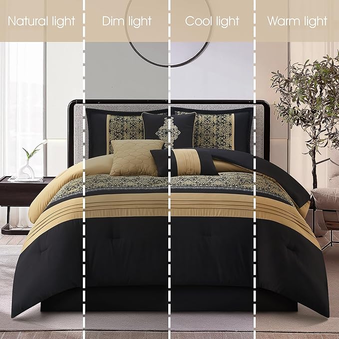 Grand Avenue Black Gold Comforter Set King Size, 7 Piece, Damask Jacquard Home Decor, Matcking Bed Skirt, Pillows & Shams, All Season Bedding Set
