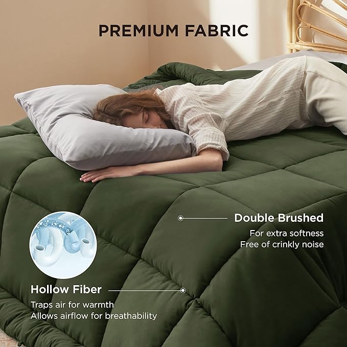 Bedsure Comforter Duvet Insert - Quilted Comforters Queen Size, All Season Duvet, Down Alternative Bedding, with 8 Tabs, Gifts for Women/Men, Olive Green, Queen 88 x 88 Inches