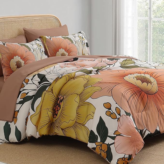 Xruibed Floral Comforter Set King Size 7 Pieces Bed in a Bag Pink Flower Bedding Comforter Sets Lightweight Boho Bed Set with Sheet,Pillowcases&Shams for All Season