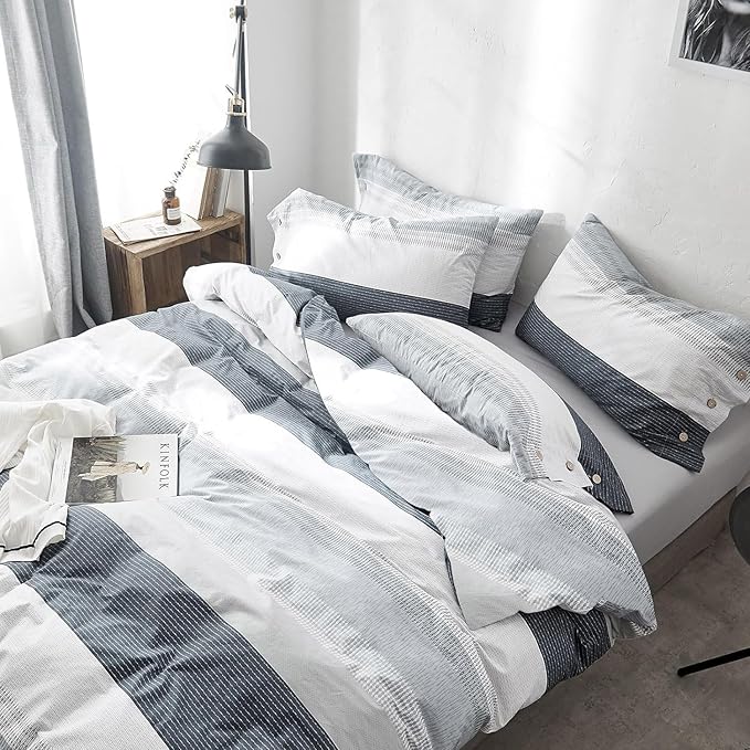 LifeTB Striped Comforter Set Queen Size, Blue Grey Stripes Pattern Printed Bedding Set, 3 Pieces Lightweight Bedding Comforter Set, Stripe Soft Fluffy Bed Set Queen Comforter with 2 Pillowcases