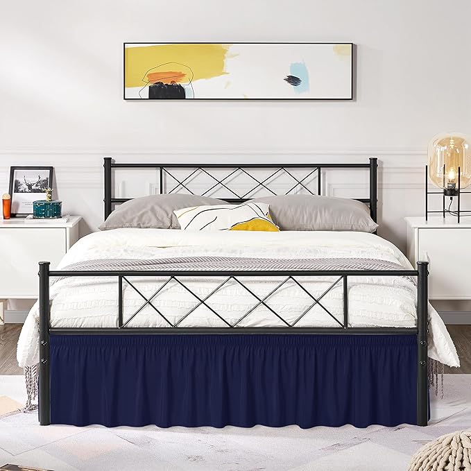 Biscaynebay Wrap Around Bed Skirts with Split Corners for King Beds 14" Drop, Navy Elastic Dust Ruffles Adjustable Easy Fit Wrinkle & Fade Resistant Silky Luxurious Fabric Machine Washable