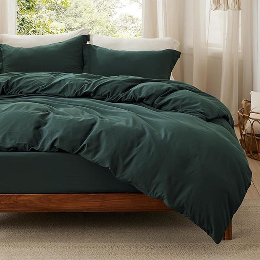 Bedsure Duvet Cover King Size with Fitted Sheet - 4 Pieces Prewashed Cotton-Like Polyester Extra Soft Bedding Set, Includes 1 Duvet Cover 104x90 Inches, 2 Pillow Shams, 1 Fitted Sheet, Forest Green