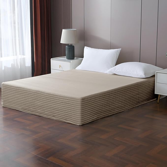 Full Bed Skirt-Box Spring Cover with 14 Inch Tailored Drop,Wrinkle and Fade Resistant Hotel Wrap Around Bed Skirts,Bed Frame Cover (Horizontal Stripe Light Khaki, Full)