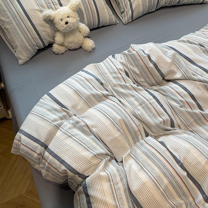 mixinni Vintage Blue and White Striped Duvet Cover Set King - 100% Washed Cotton 3 Piece Bedding Set with Geometric Pattern, Soft Breathable Comforter Cover with Zipper Closure & Corner Ties