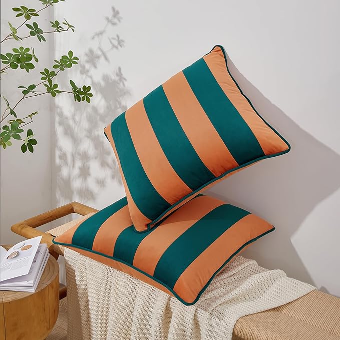 MONDAY MOOSE Decorative Throw Pillow Covers Cushion Cases, Set of 2 Soft Velvet Striped Piping Edge Designs, Pillow Inserts Not Included (18x18 inch, Coral/Dark Teal)