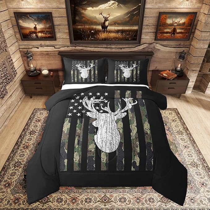 Camo Twin Bedding Set for Boys Army Green Camo American Flag Comforter Set,Teen Camouflage Deer Hunting Bedding Comforter Sets Rustic Farmhouse Woodland Animal Bedding Quilt Black White 1 Pillowcase