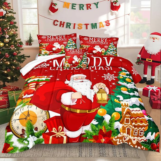Red Christmas Comforter Set Santa Claus Bedding Set King Size Christmas Tree Decor Happy New Year Festival Theme Bedding Quilt Boys Girls Xmas Gifts Soft Lightweight Quilted Comforter 4 Pcs
