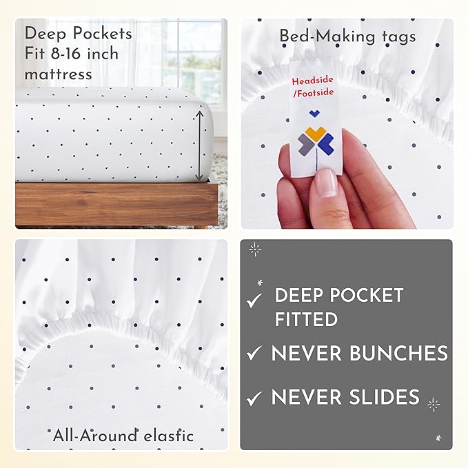 California Design Den Queen Sheet Set - 400 Thread Count Sateen, Natural 100% Cotton Sheets for Queen Size Bed, Deep Pocket and Durable Bedding - Polka Dot