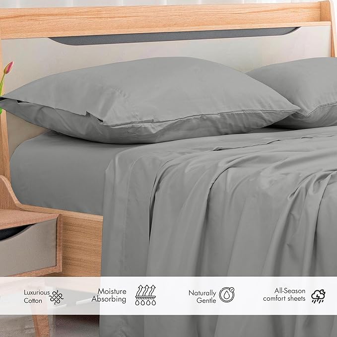Royale Linens 300 Thread Count 100% Long Staple Combed Cotton Flat Sheet - Super Soft - Top Sheets - King Flat Sheet Sold Separately - Breathable, Cool & Crisp Percale Sheets Only (King, Silver)