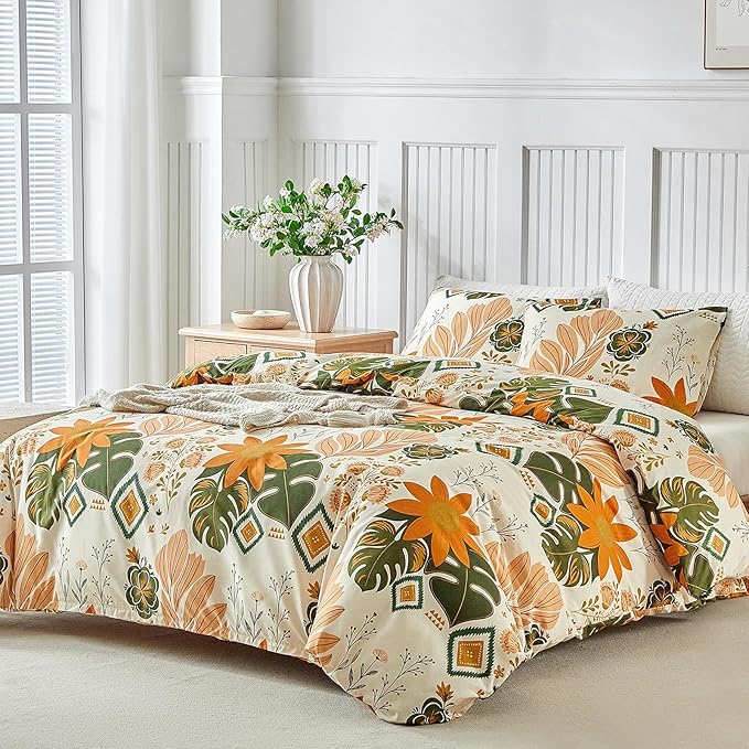 Lekesky Queen Size Reversible Duvet Cover, Duvet Cover Queen Size 3 Piece Baroque Microfiber Botanical Bedding Set with Zipper Closure 8 Corner Ties