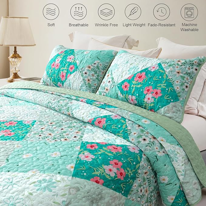Whale Flotilla Patchwork Quilt King Size, Extra Soft Boho Floral Bedspreads for Bed Reversible Lightweight King Quilt Bedding Set Printed Coverlets with 2 Pillow Shams for All Seasons, Green