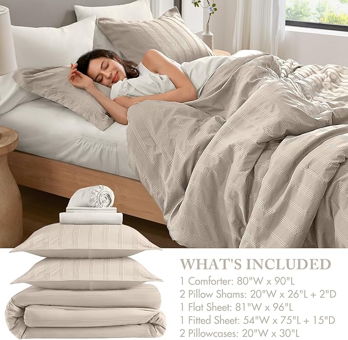 Madison Park Essentials Striped Comforter Set Full, 7 Pieces Modern Minimalist Jacquard Bedding Set for All Season, Bed in A Bag with Sheet Set and Soft Brushed Reverse, Lightweight Neutral