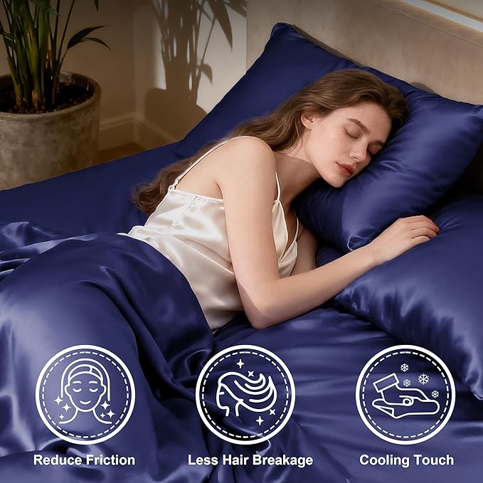 Love's cabin Satin Queen Sheets Set - 4 Piece Navy Blue Silky Bed Sheets with Deep Pocket, Luxury Silk Feel Satin Queen Size Sheet Set (1 Flat Sheet,1 Fitted Sheet,2 Pillow Cases)