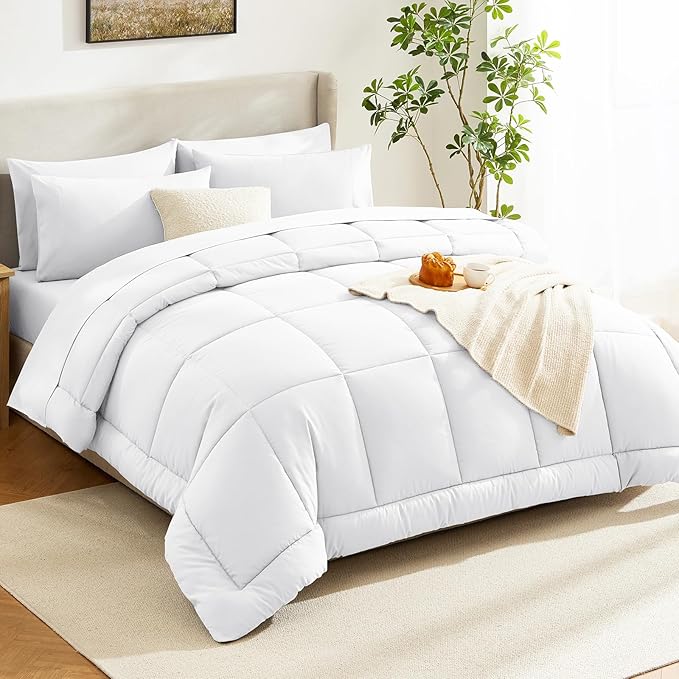 CozyLux Full Size Comforter Sets White, 7 Pieces Bed in a Bag, White Comforter Full Size, All Season Bedding Sets with Stitch Quilted Comforter, Flat Sheet, Fitted Sheet, Pillowcases