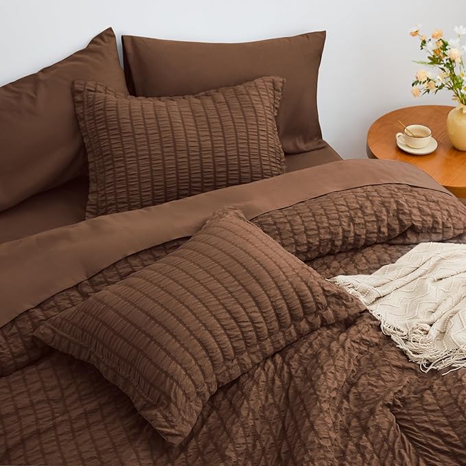 Love's cabin Seersucker Brown Full Comforter Set, 7-Piece All Season Lightweight Bed in a Bag Bedding Set with Comforter, Flat Sheet, Fitted Sheet, Pillowcases and Shams | Soft, Breathable, Lightweight