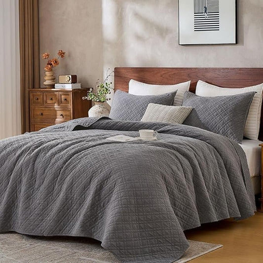 Queen Quilt Set with Shams Lightweight Quilted Bedspread Coverlet Thin Comforter Bed Cover Vintage Washed Quilted Blanket for All Season, Brushed Microfiber Diamond Stitching, Ash Gray, 88"x92"