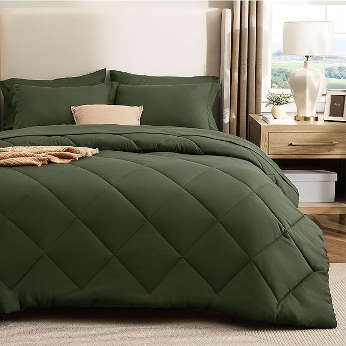 Bedsure 7 Pieces King Comforter Set Premium Series, Hotel Luxury Soft Bed in a Bag, Goose Down Alternative, Safe for Sensitive Skin Bedding Comforter All Season Medium Warmth, Olive Green King Size