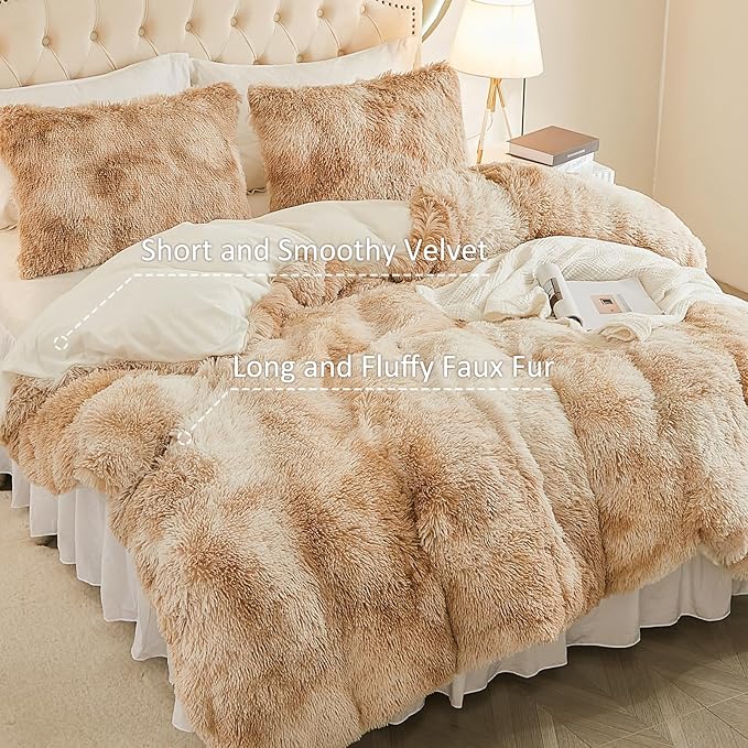 EMME Luxury Khaki Fuzzy Duvet Cover Set Twin Size Fluffy Comforter Cover Set 2 Pieces Shaggy and Plush Soft Bedding Duvet Covers (Tie Dye Khaki, Twin)